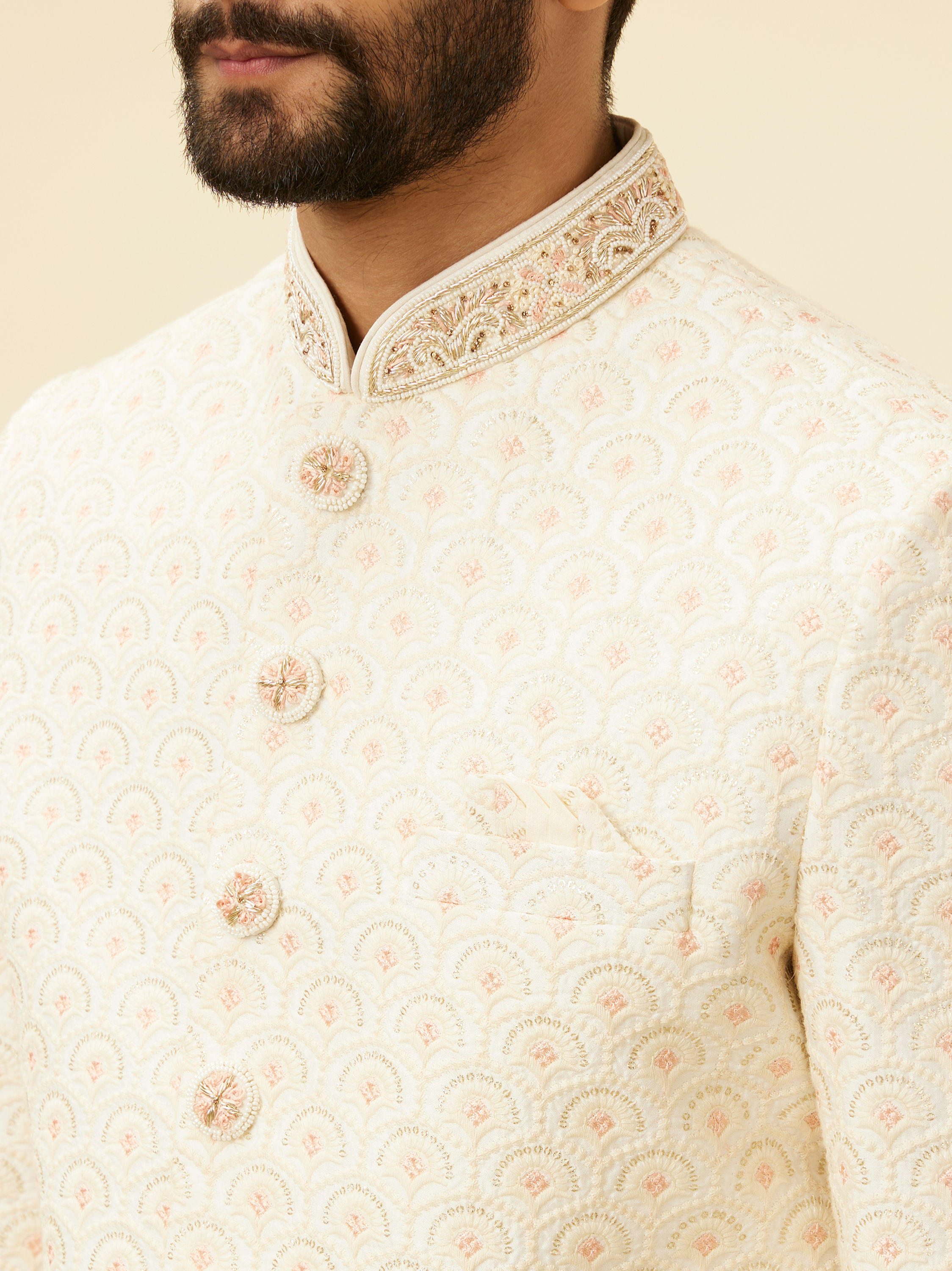 Manyavar Men Cream Pink Diamond Patterned Sherwani Set