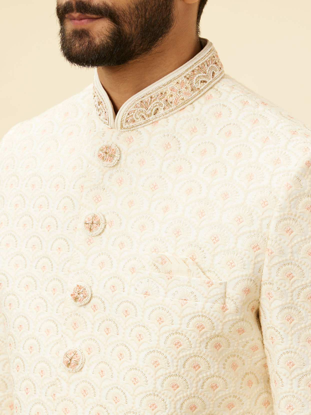 Manyavar Men Cream Pink Diamond Patterned Sherwani Set