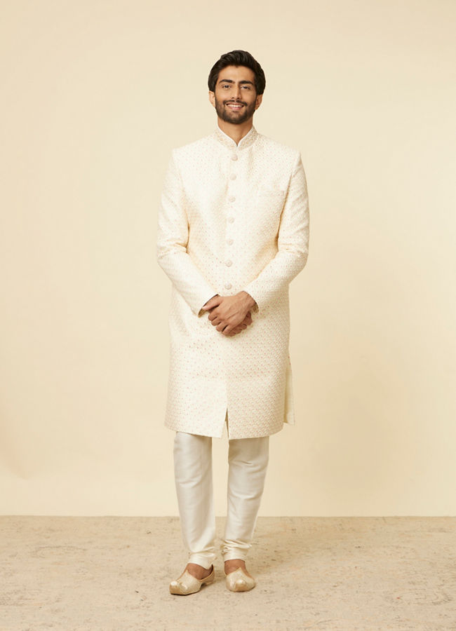 Manyavar Men Cream Petal Self Patterned Sherwani Set