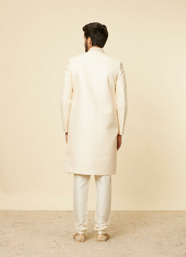 Manyavar Men Cream Petal Self Patterned Sherwani Set