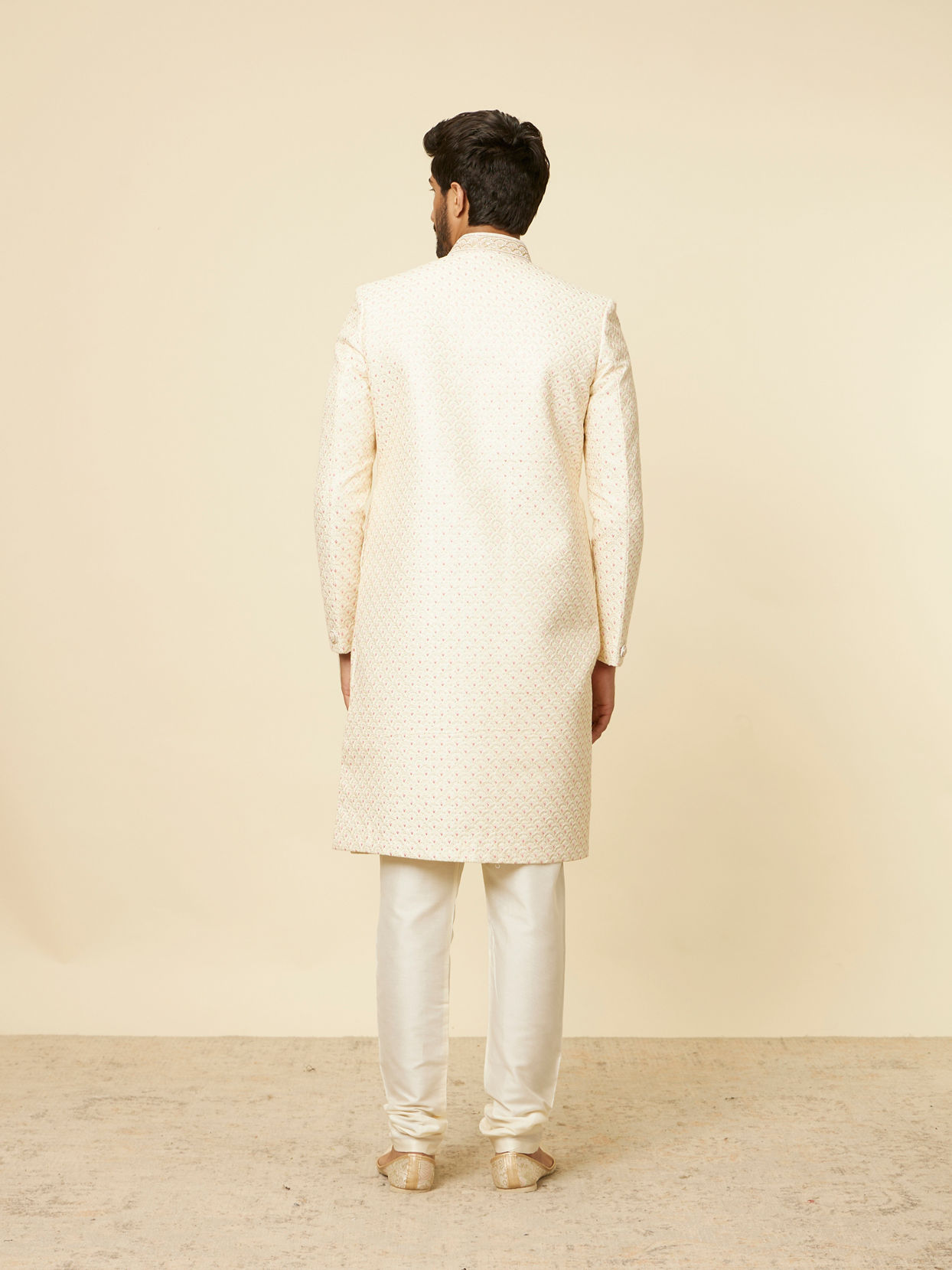 Manyavar Men Cream Petal Self Patterned Sherwani Set
