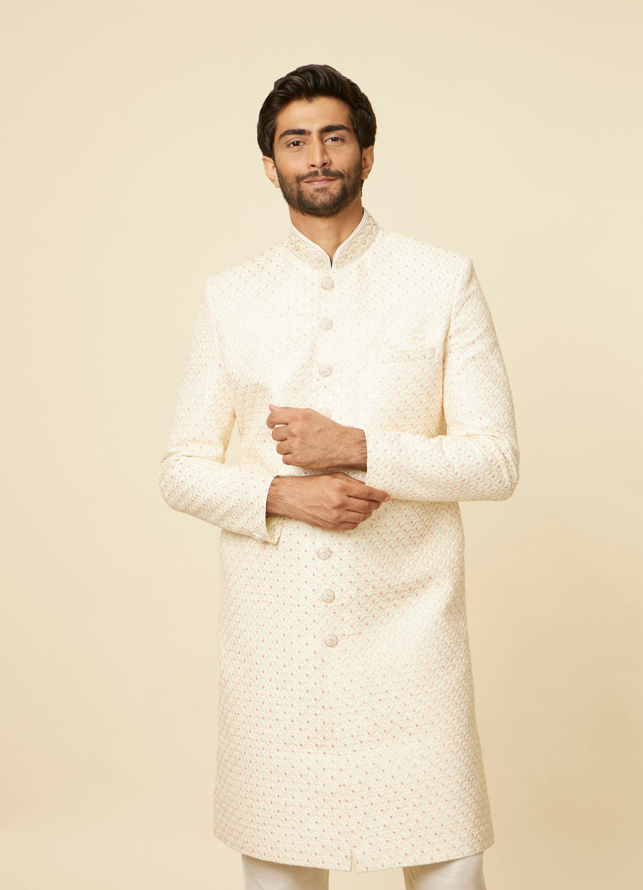 Manyavar Men Cream Petal Self Patterned Sherwani Set