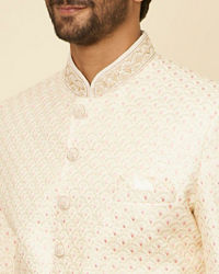 Manyavar Men Cream Petal Self Patterned Sherwani Set