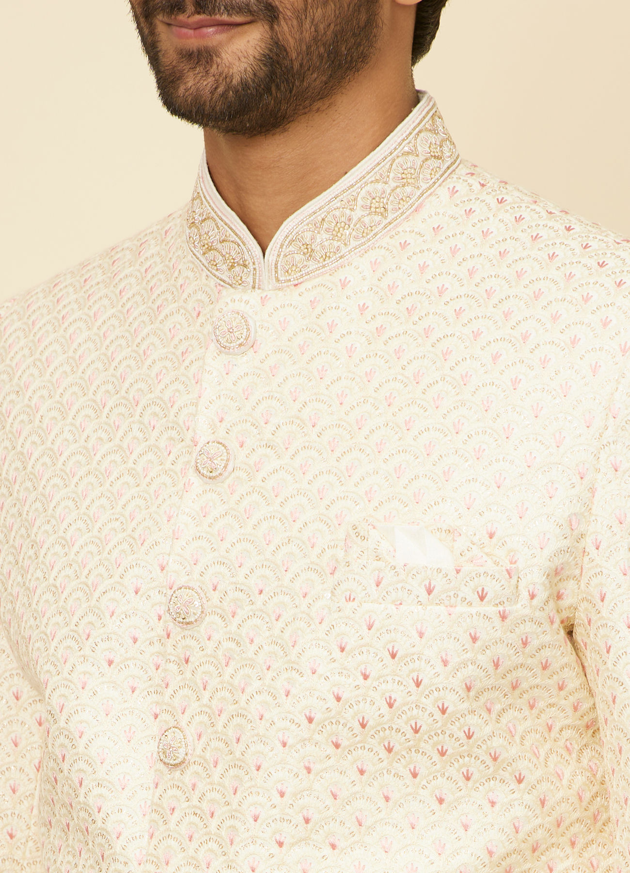 Manyavar Men Cream Petal Self Patterned Sherwani Set