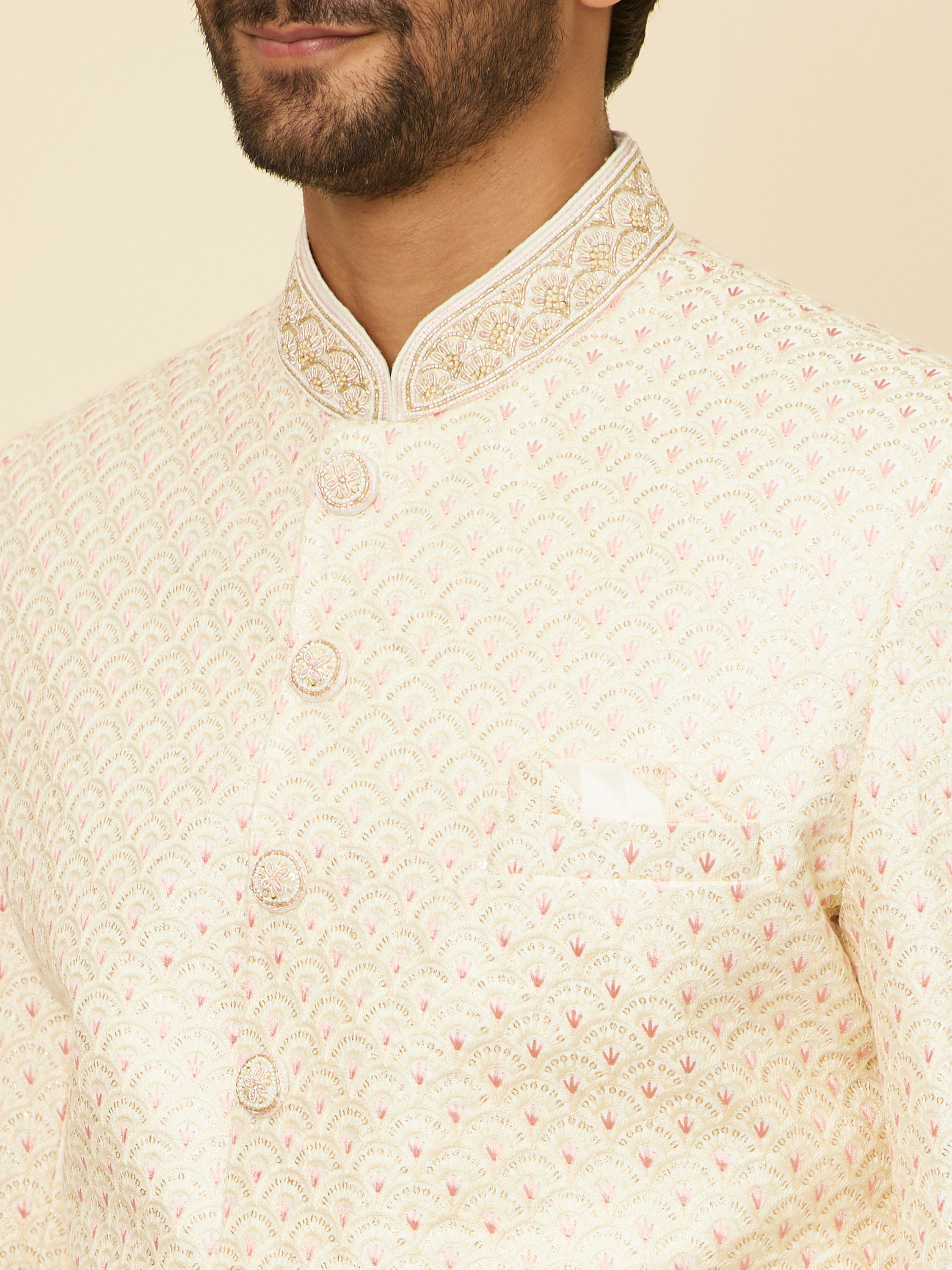 Manyavar Men Cream Petal Self Patterned Sherwani Set