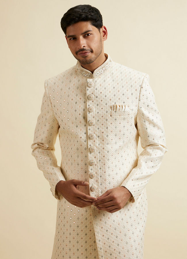 Manyavar Men Cream Sherwani Set with Mirror Embellishments