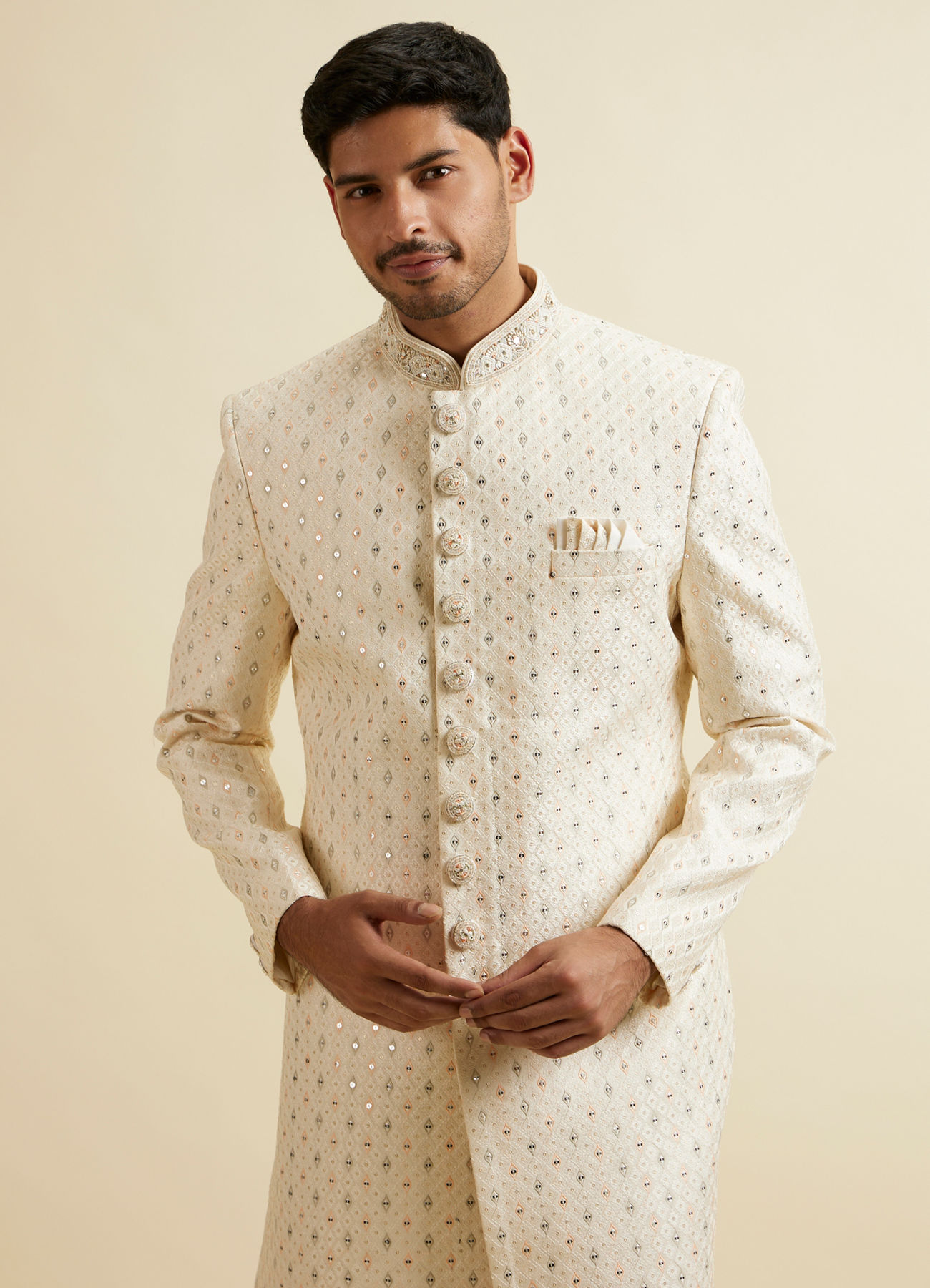 Manyavar Men Cream Sherwani Set with Mirror Embellishments