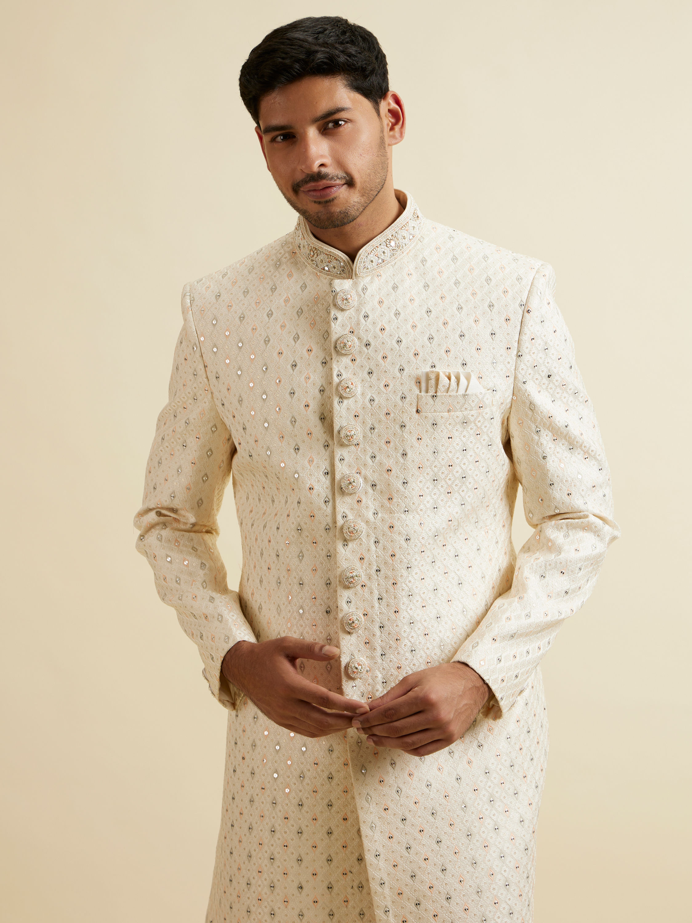 Manyavar Men Cream Sherwani Set with Mirror Embellishments