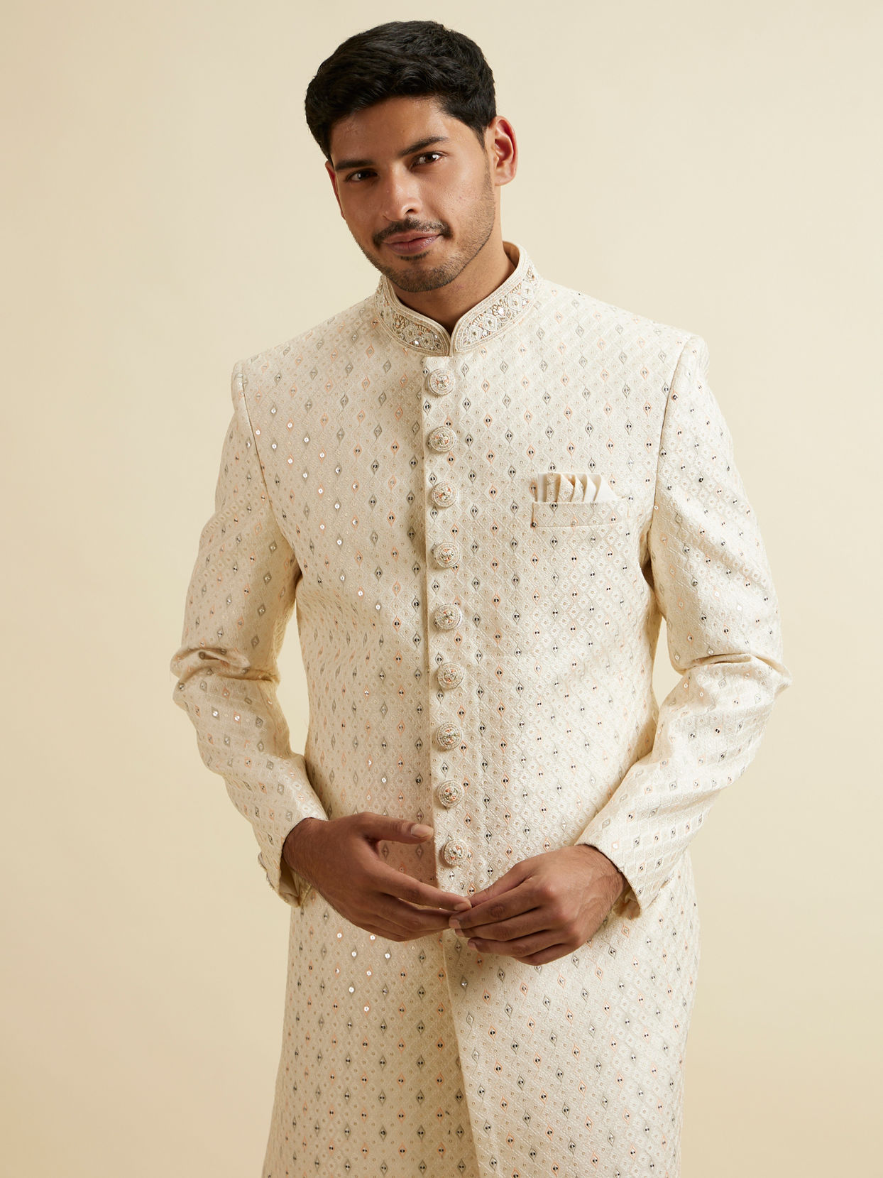Manyavar Men Cream Sherwani Set with Mirror Embellishments