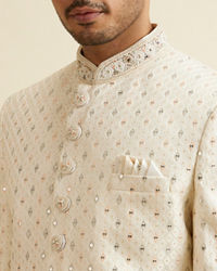 Manyavar Men Cream Sherwani Set with Mirror Embellishments