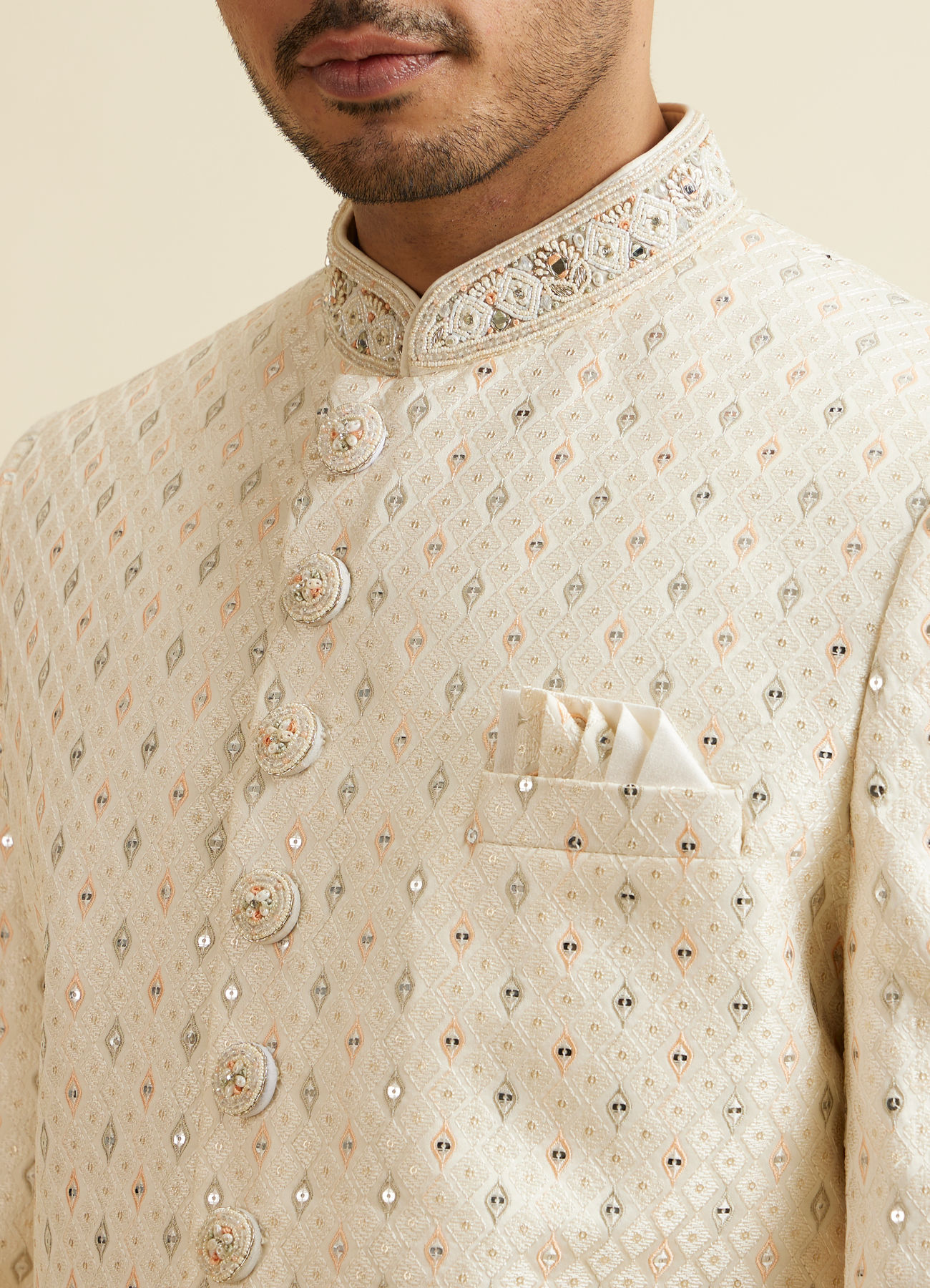 Manyavar Men Cream Sherwani Set with Mirror Embellishments