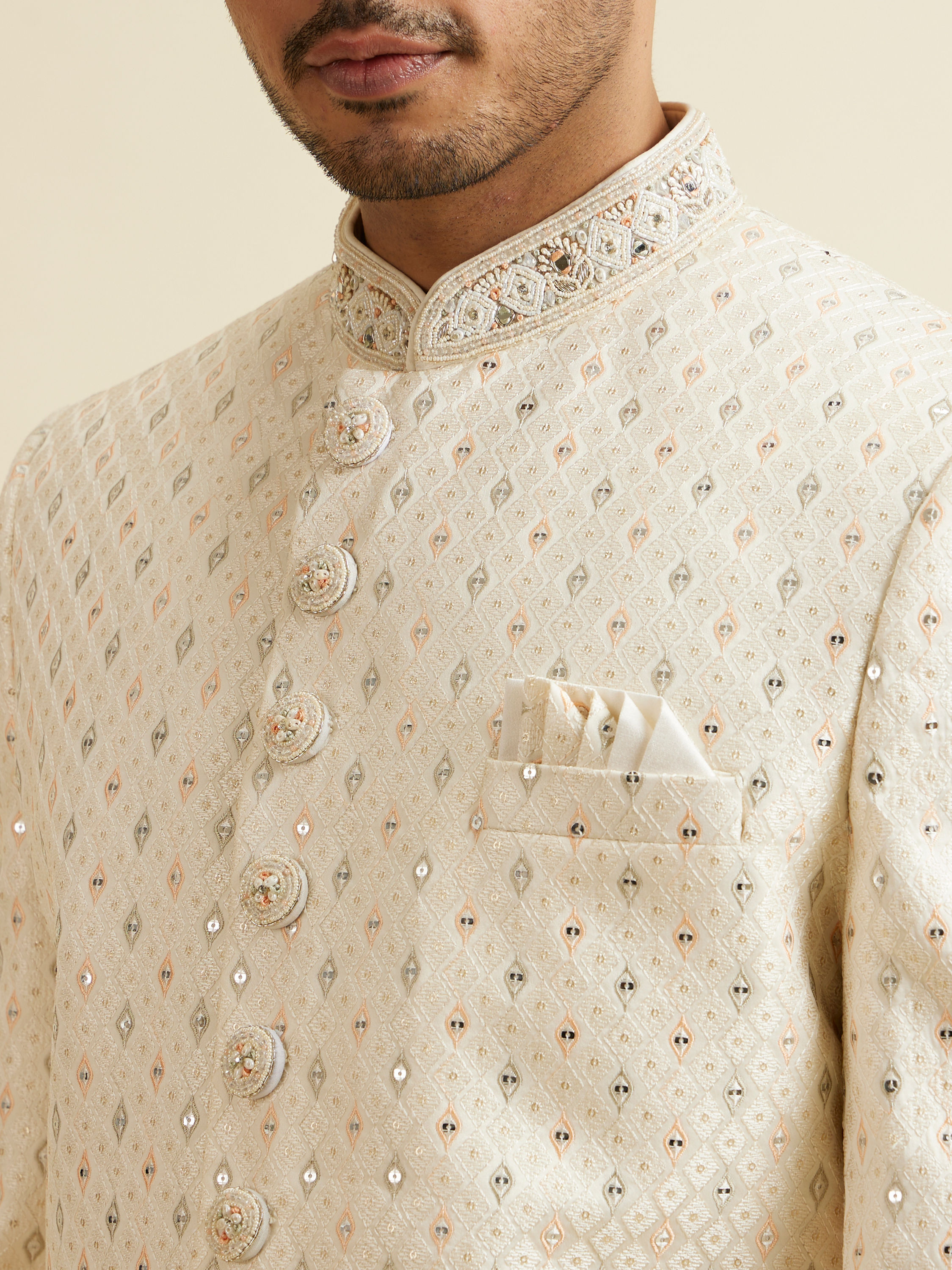 Manyavar Men Cream Sherwani Set with Mirror Embellishments