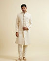 Manyavar Men Cream Sherwani Set with Mirror Embellishments