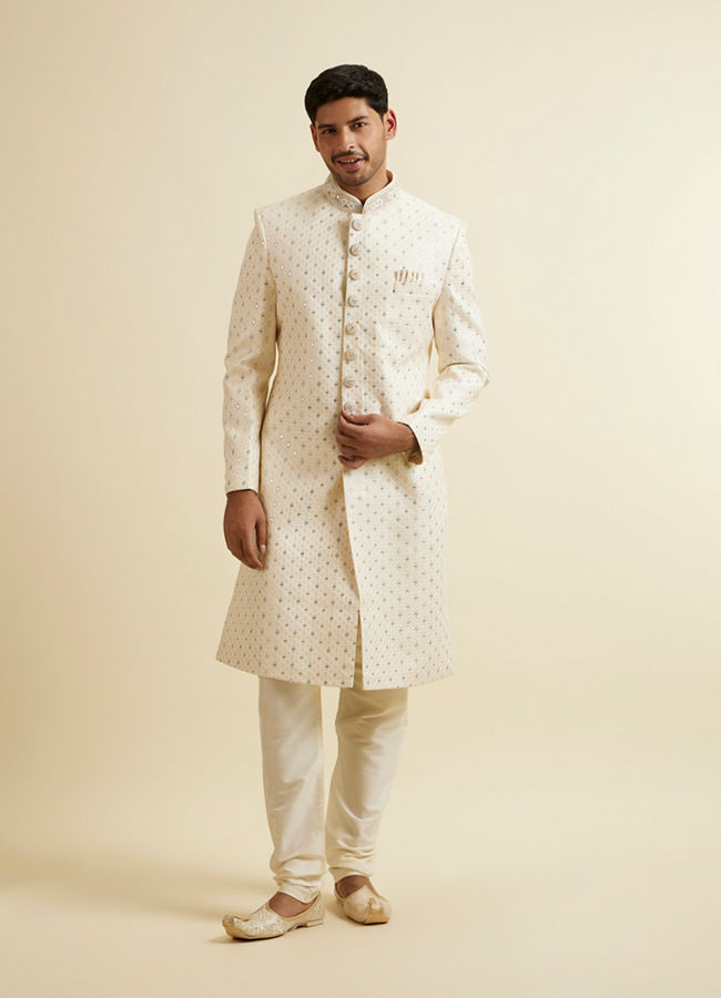 Manyavar Men Cream Sherwani Set with Mirror Embellishments