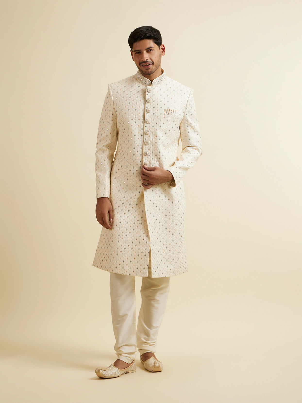 Manyavar Men Cream Sherwani Set with Mirror Embellishments