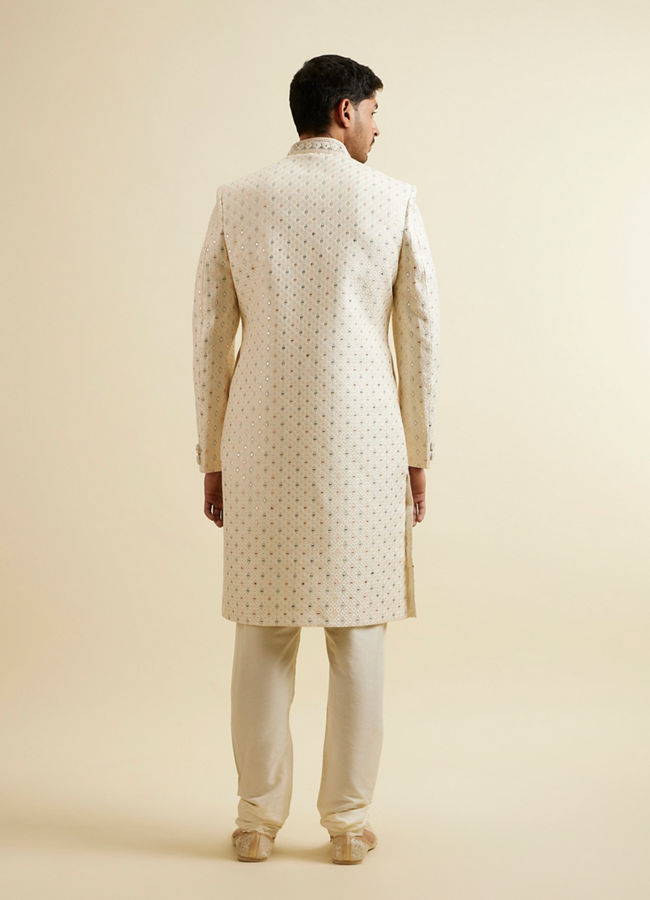 Manyavar Men Cream Sherwani Set with Mirror Embellishments