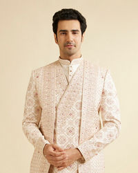 Manyavar Men Beige Mandala and Buta Patterned Layered Style Sherwani Set