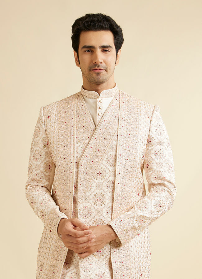 Manyavar Men Beige Mandala and Buta Patterned Layered Style Open Sherwani Set