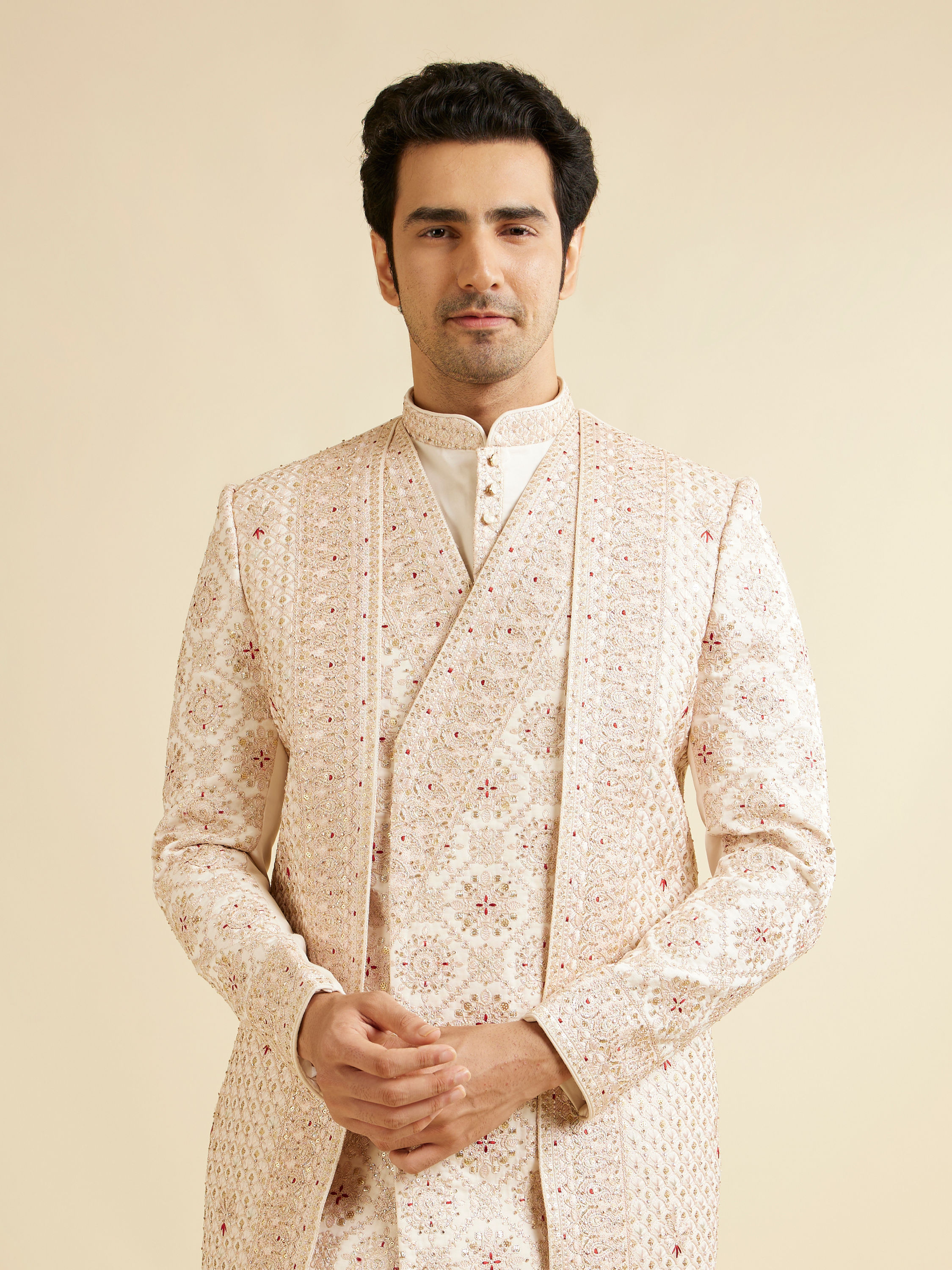 Manyavar Men Beige Mandala and Buta Patterned Layered Style Sherwani Set