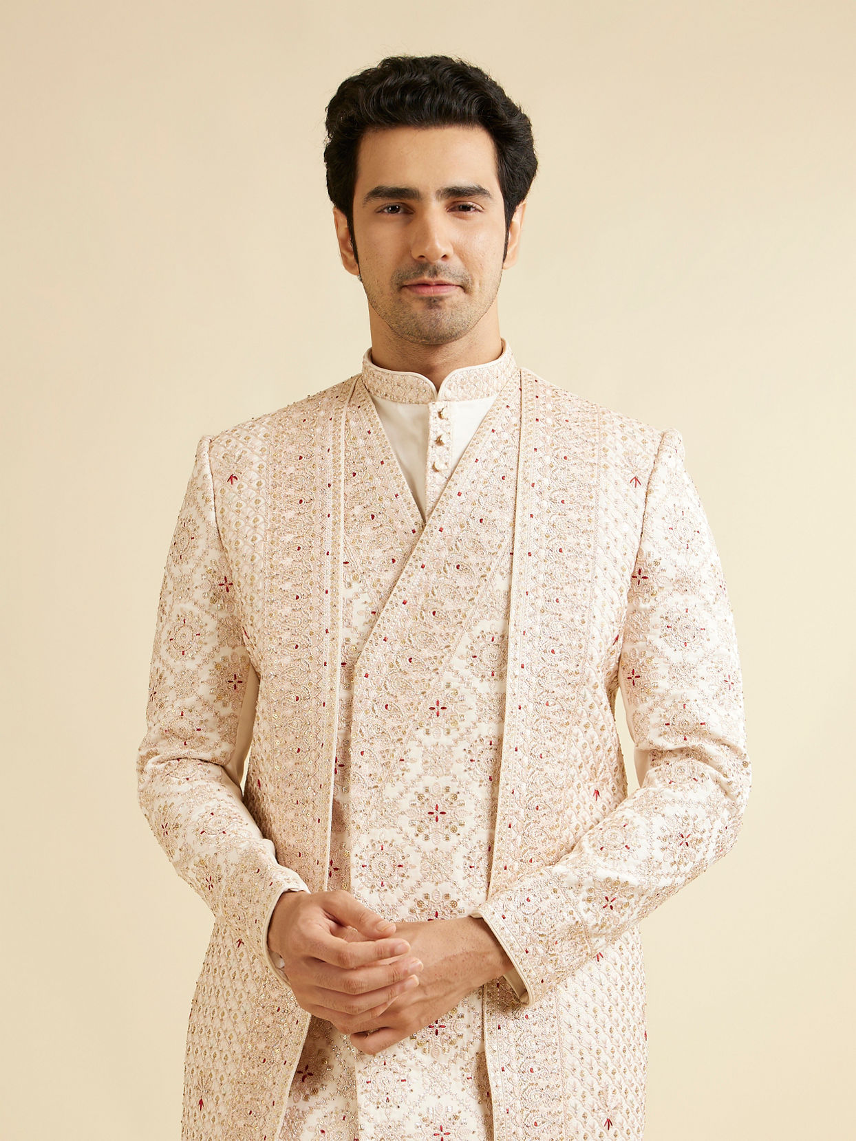 Manyavar Men Beige Mandala and Buta Patterned Layered Style Open Sherwani Set