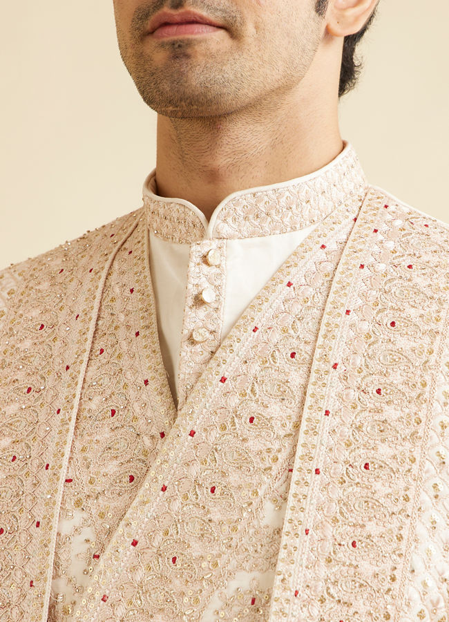 Manyavar Men Beige Mandala and Buta Patterned Layered Style Open Sherwani Set