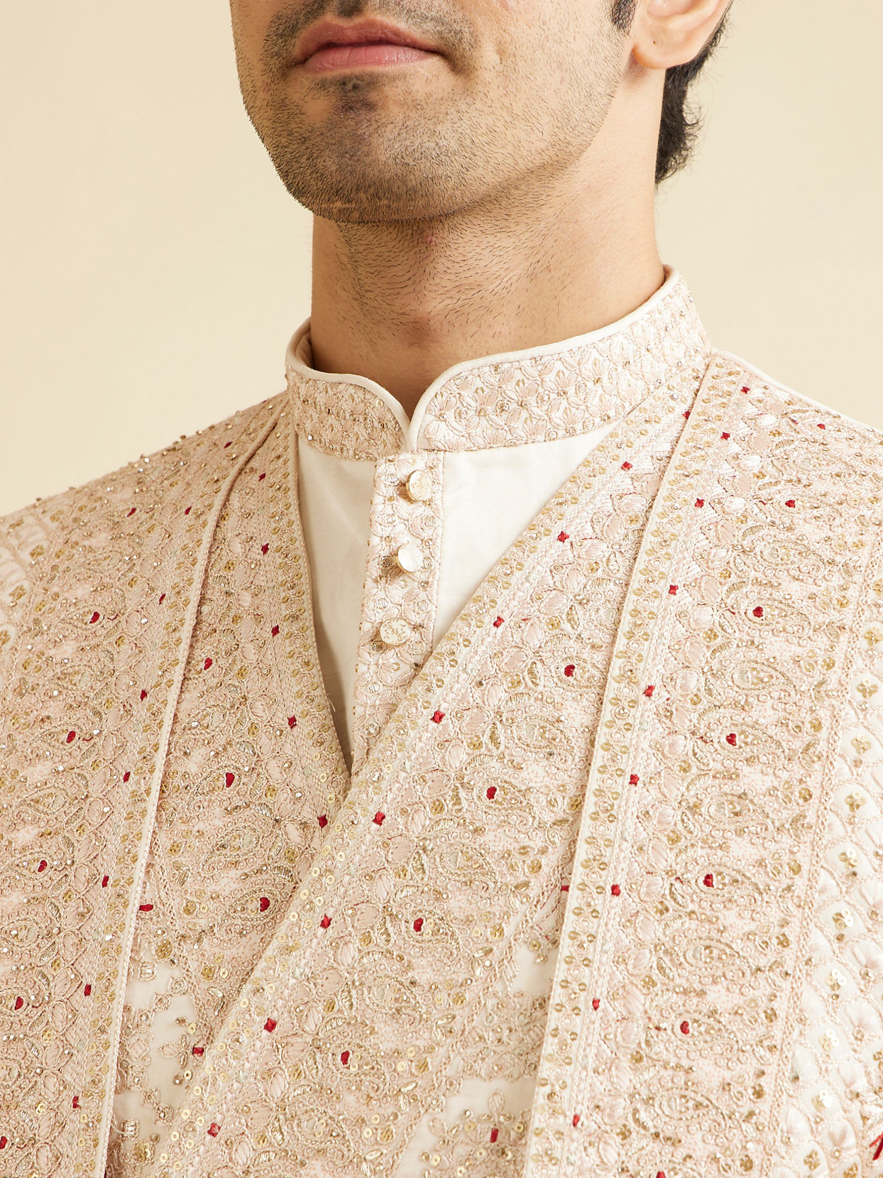 Manyavar Men Beige Mandala and Buta Patterned Layered Style Open Sherwani Set