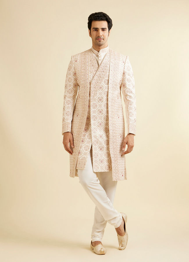 alt message - Manyavar Men Beige Mandala and Buta Patterned Layered Style Sherwani Set image number 2