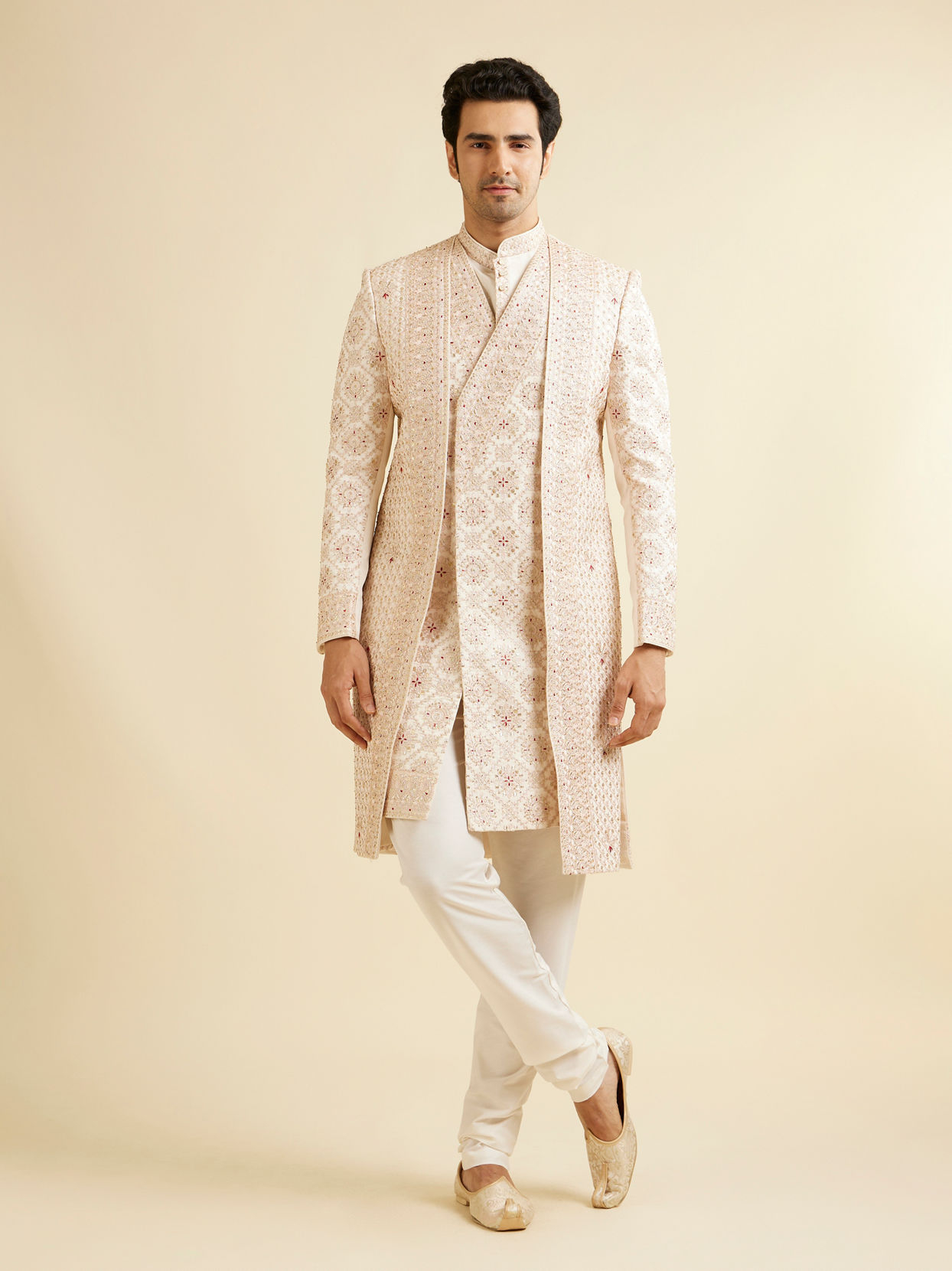 alt message - Manyavar Men Beige Mandala and Buta Patterned Layered Style Sherwani Set image number 2