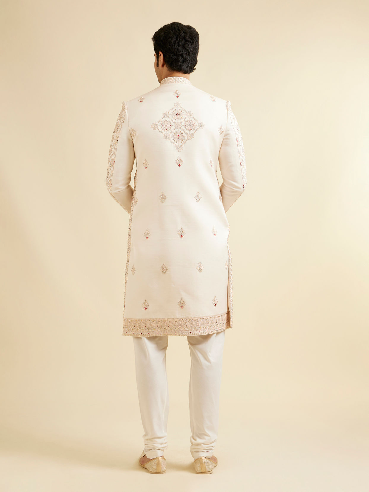 alt message - Manyavar Men Beige Mandala and Buta Patterned Layered Style Sherwani Set image number 4