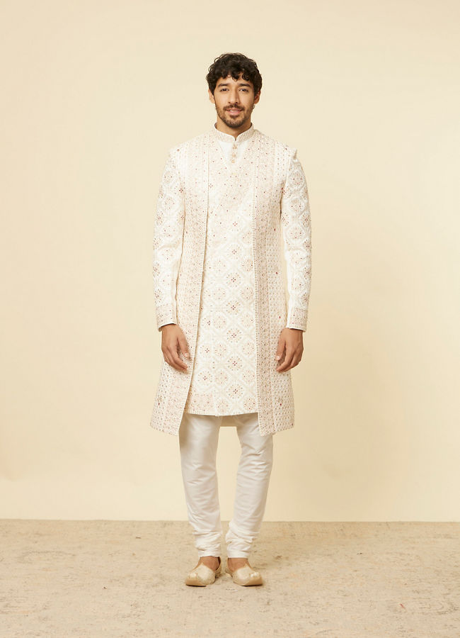 Manyavar Men Warm White Aari Embroidered Sherwani Set