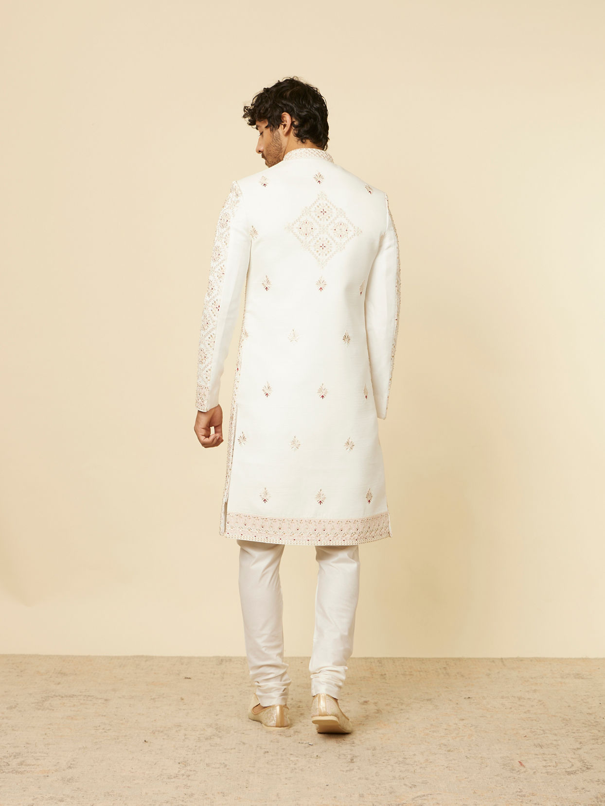 Manyavar Men Warm White Aari Embroidered Sherwani Set