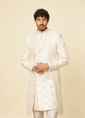 alt message - Manyavar Men Warm White Aari Embroidered Sherwani Set image number 0