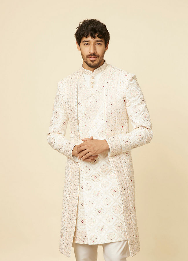 Manyavar Men Warm White Aari Embroidered Open Sherwani Set