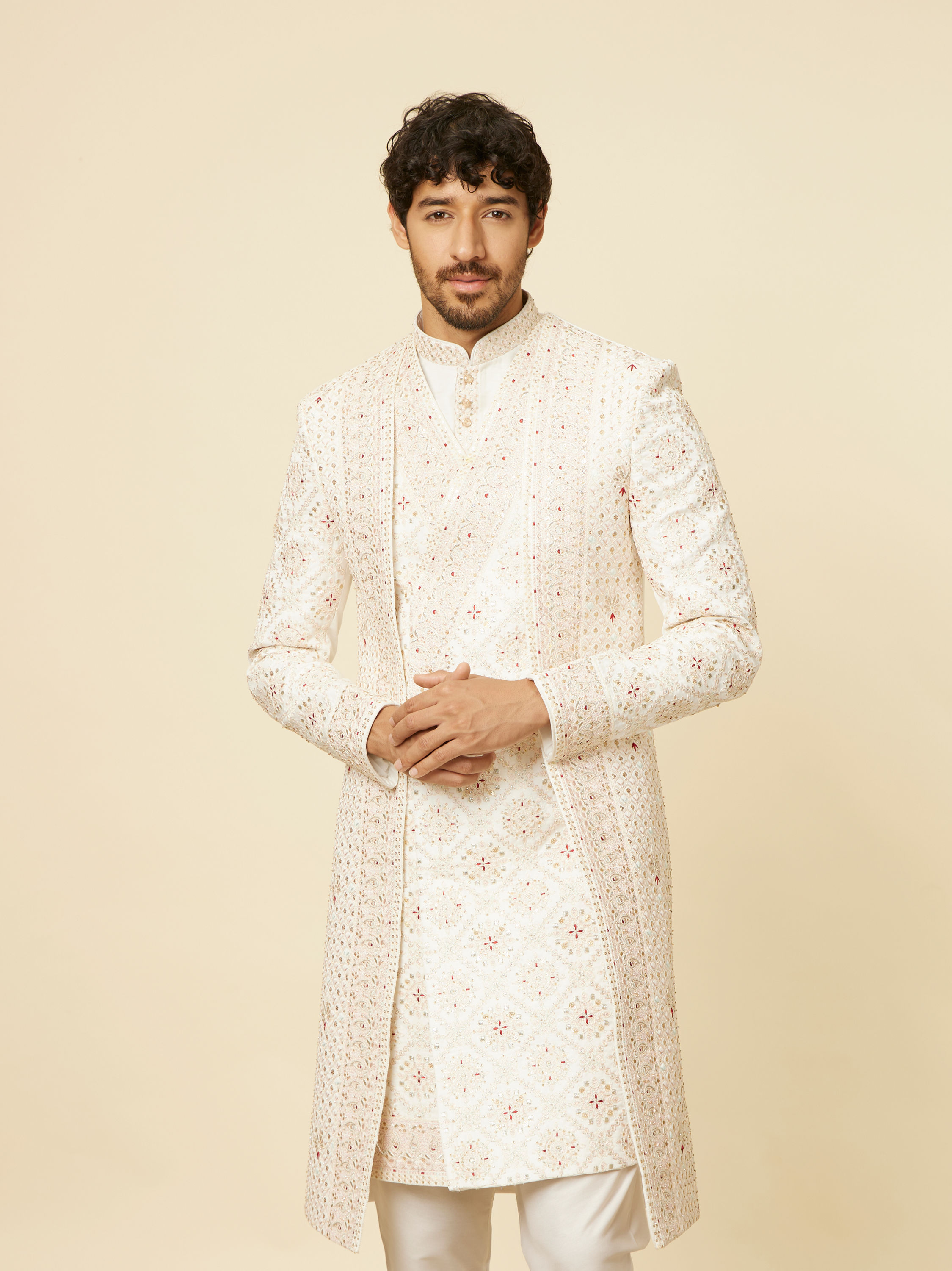 Manyavar Men Warm White Aari Embroidered Sherwani Set