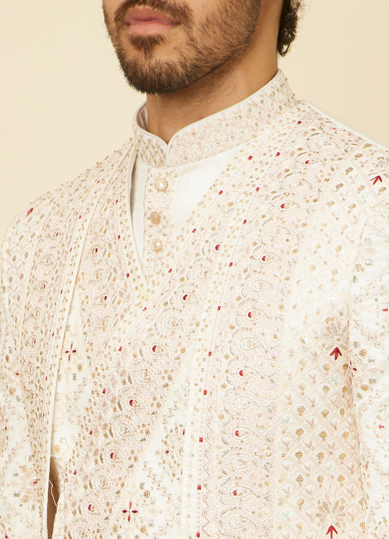 Manyavar Men Warm White Aari Embroidered Sherwani Set