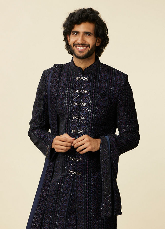 alt message - Manyavar Men Dark Blue Sequined Sherwani Set image number 0