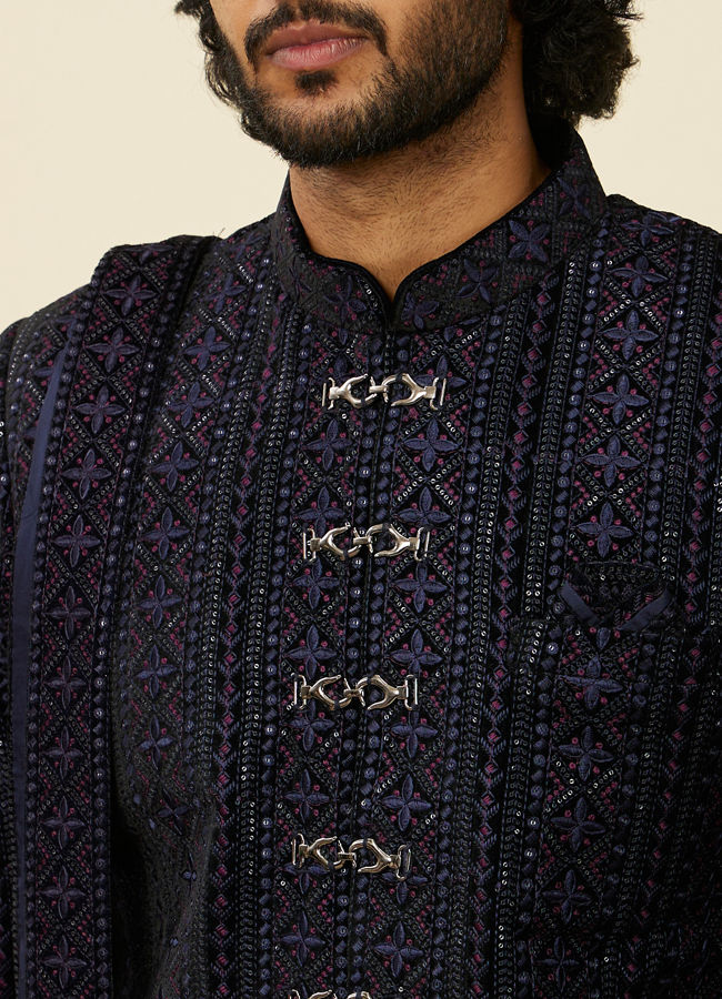 alt message - Manyavar Men Dark Blue Sequined Sherwani Set image number 1