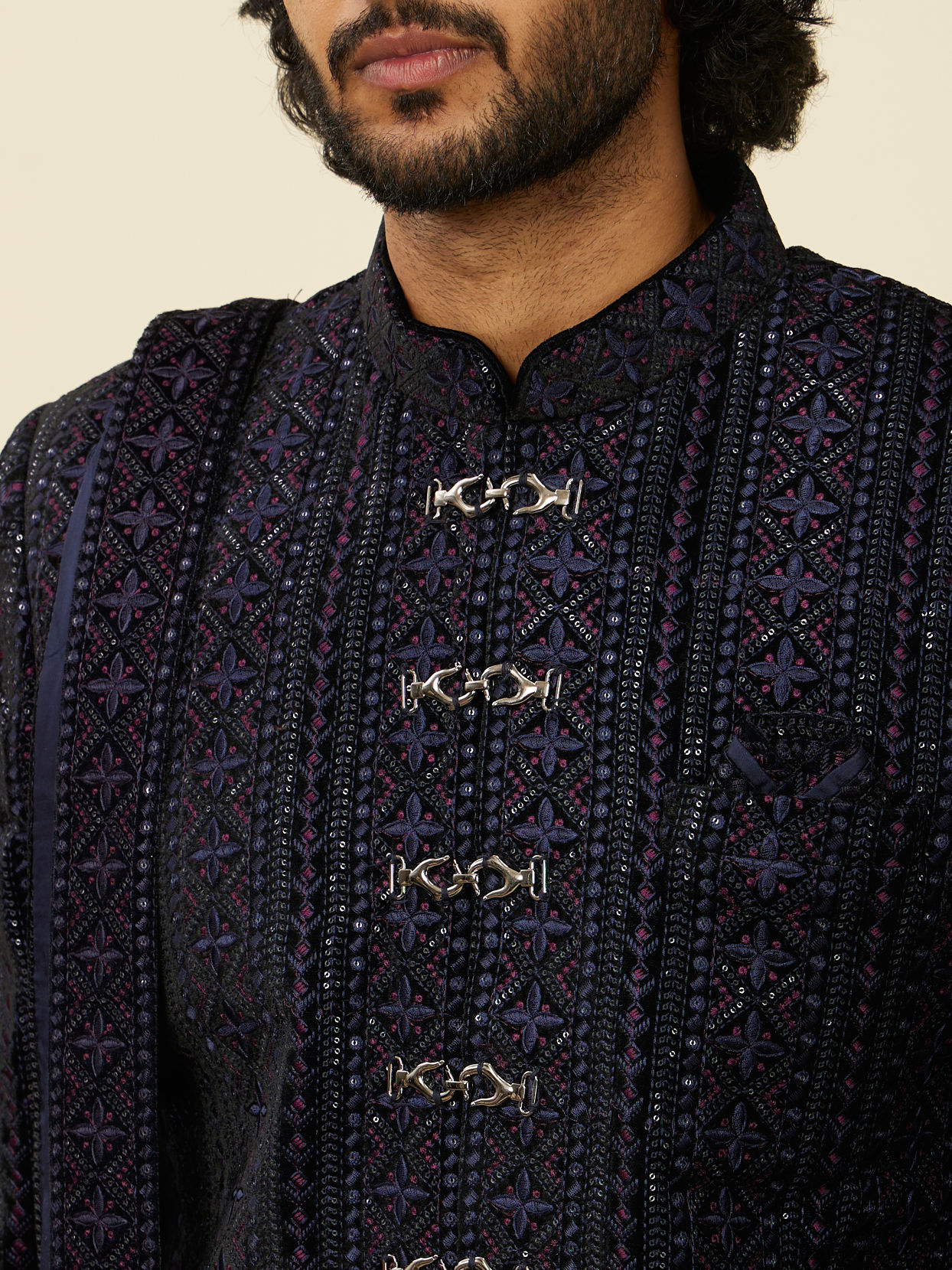 alt message - Manyavar Men Dark Blue Sequined Sherwani Set image number 1