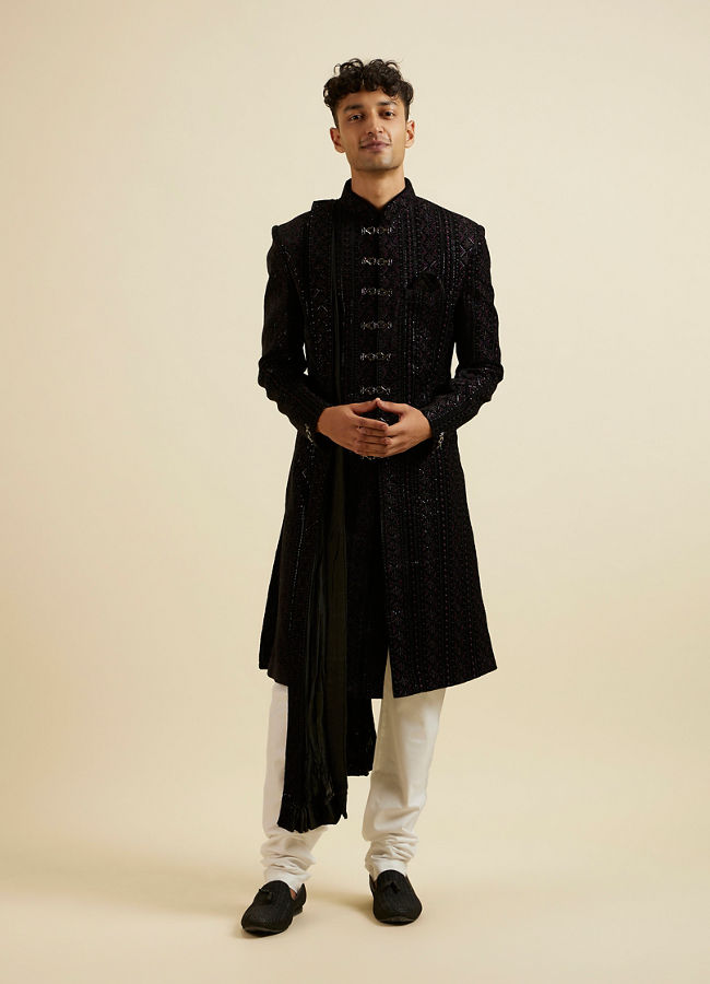 alt message - Manyavar Men Ebony Black Sequined Sherwani Set image number 2