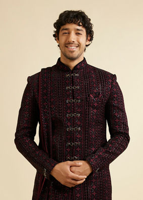 alt message - Manyavar Men Wine Sequined Sherwani Set image number 0