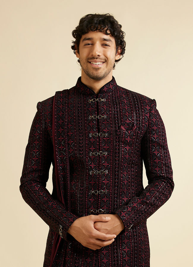 alt message - Manyavar Men Wine Sequined Sherwani Set image number 0