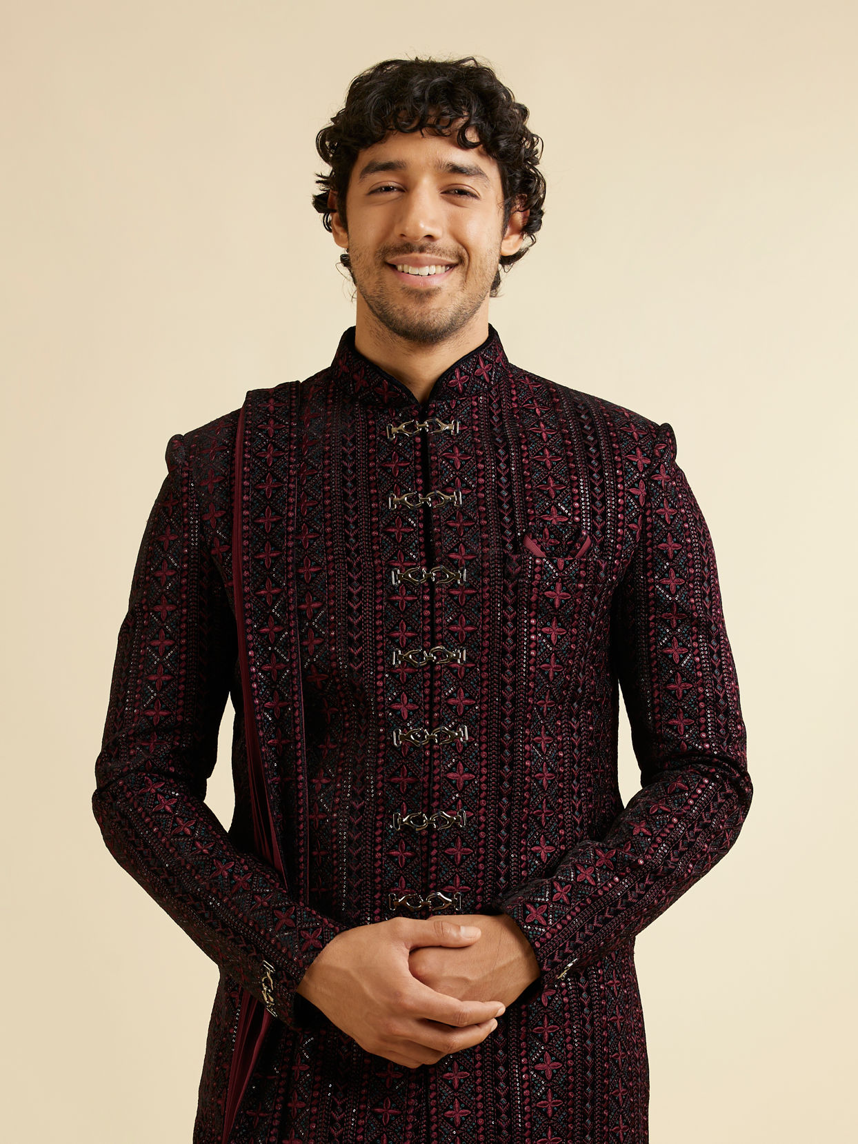 alt message - Manyavar Men Wine Sequined Sherwani Set image number 0