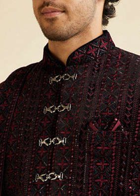 alt message - Manyavar Men Wine Sequined Sherwani Set image number 1