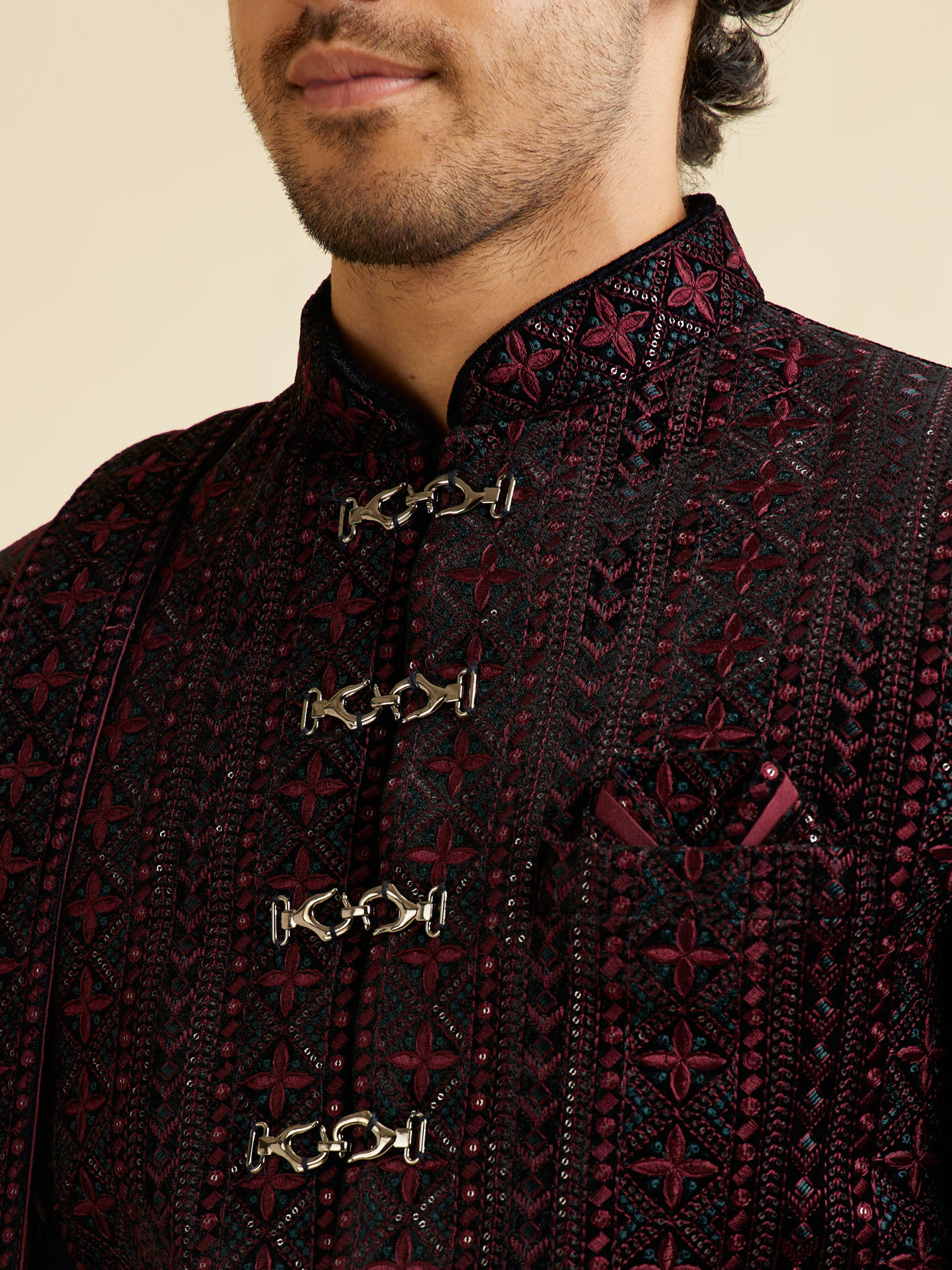 alt message - Manyavar Men Wine Sequined Sherwani Set image number 1