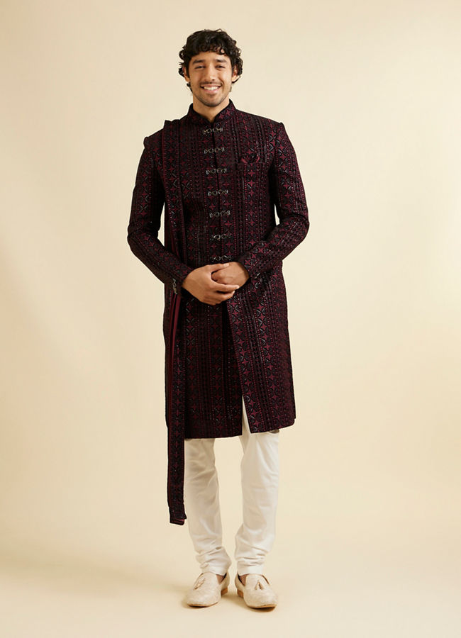 alt message - Manyavar Men Wine Sequined Sherwani Set image number 2