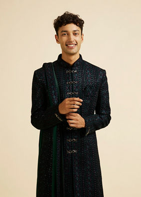 alt message - Manyavar Men Teal Green Sequined Sherwani Set image number 0