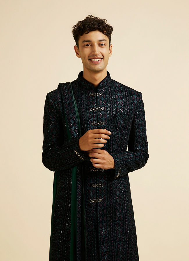 alt message - Manyavar Men Teal Green Sequined Sherwani Set image number 0