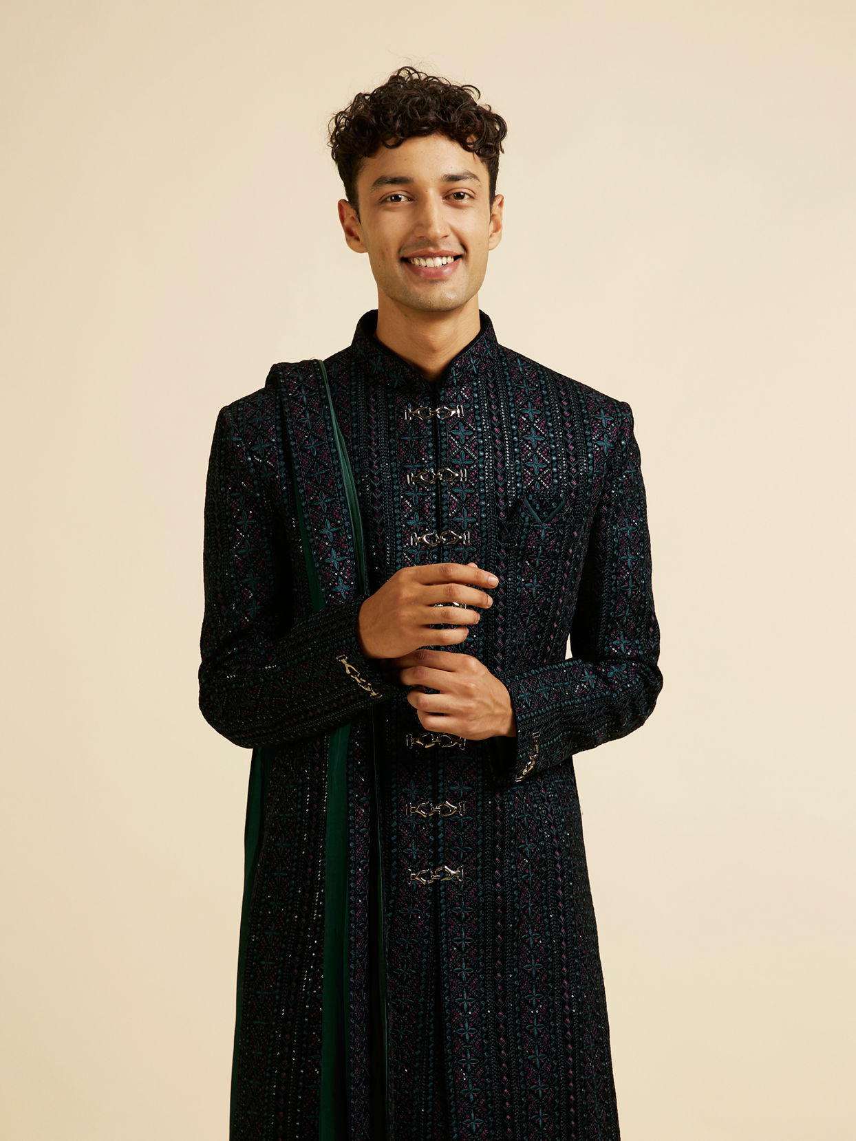 alt message - Manyavar Men Teal Green Sequined Sherwani Set image number 0