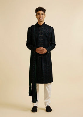 alt message - Manyavar Men Teal Green Sequined Sherwani Set image number 2