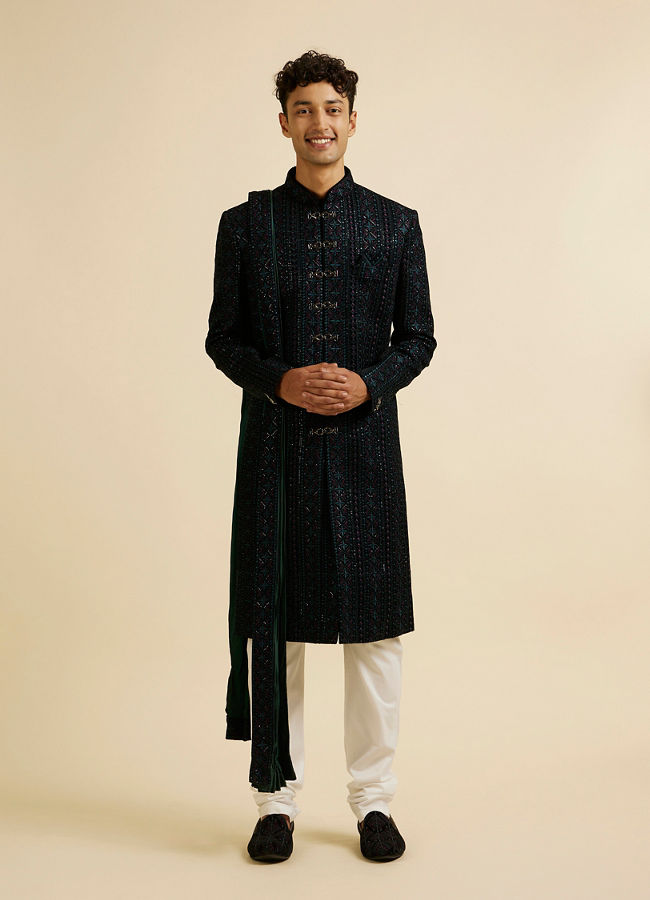 alt message - Manyavar Men Teal Green Sequined Sherwani Set image number 2